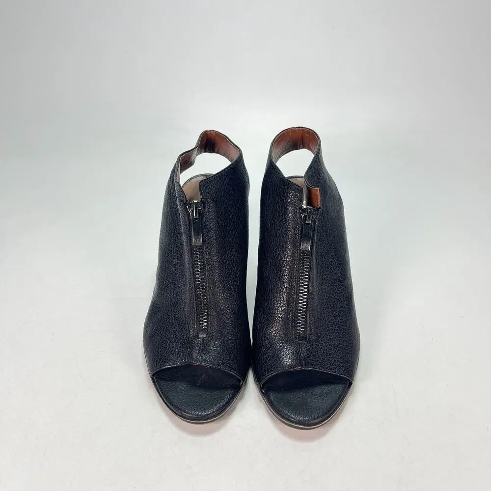 Franco Sarto Black Leather Peep Toe Front Zip Block Heel Sandals Women's Size 6M